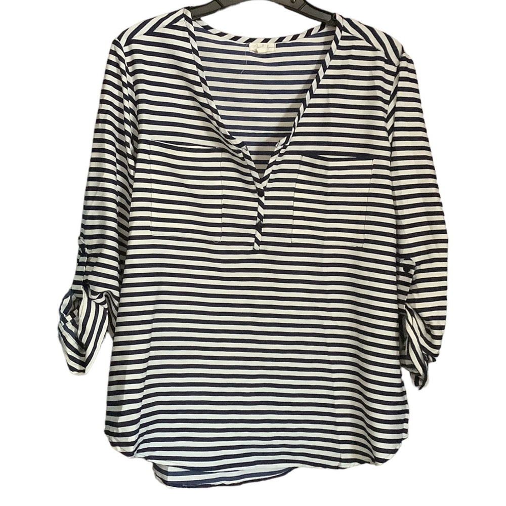 Antilia Femme Women Button Up Blouse Blue White Striped Roll Tab Sleeve